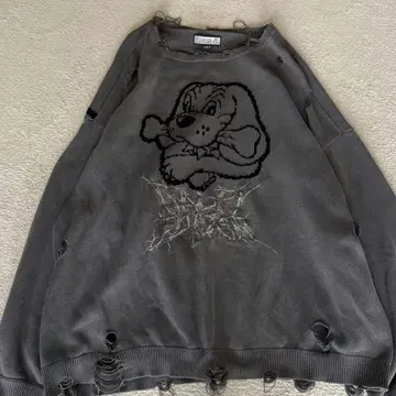 GALFY 스파이더 니트 스웨터 데미지 가공 다크 그레이 대형견