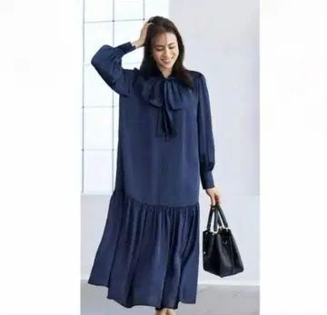 PLST 2WAY 보타이 원피스 S 네이비 롱 원피스 긴팔