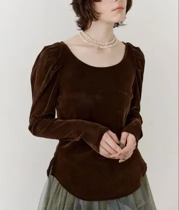 택 포함 새상품 시어 벨로아 퍼프 개더 TOPS 브라운 라벨에튜드