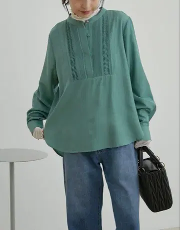 vis 핀턱 블라우스 긴팔 그린 계열 세레모니 포멀