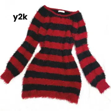 y2k 다크 코와 헤이세이 긴팔 롱 니트 보더 샤기 L 사이즈