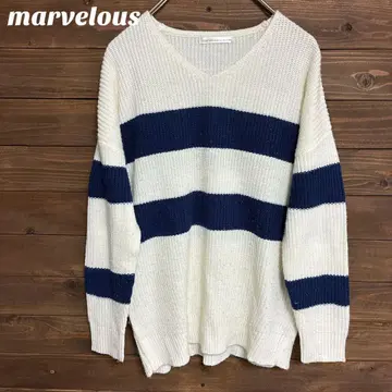 [ marvelous ] 화이트 네이비 보더 V넥 니트 M