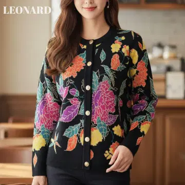 [ 미사용급 ] 레오나르 울 니트 꽃무늬 가디건 블랙 M 사이즈