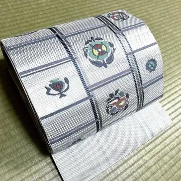 순수 실크 하카타 오리 나고야 오비 [ 격자 추상 꽃 무늬 새 ]