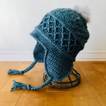 손뜨개질 귀도리 니트 모자 블루그린