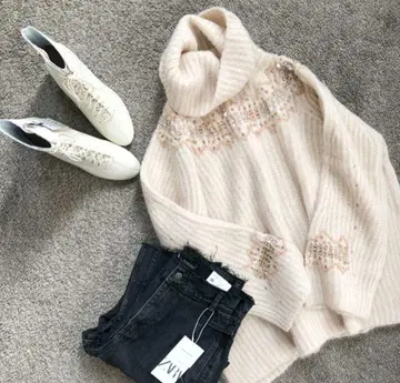 ZARA 모헤어 혼방 울 스웨터 비즈 반짝임 비쥬 니트