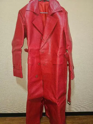 남성용 빨간색 가죽 크로커다일 패턴 롱 체스터 코트 XXL