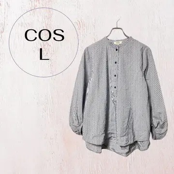 코스 밴드 카라 셔츠 L 여성용 네이비 스트라이프 코튼 100%