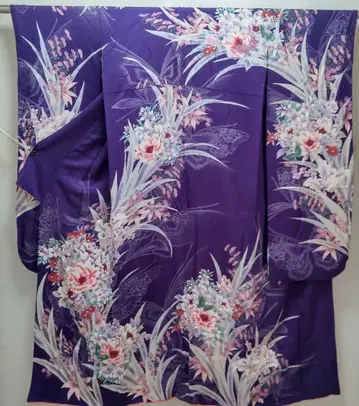 순수 실크 나비 꽃무늬 후리소데 (885)