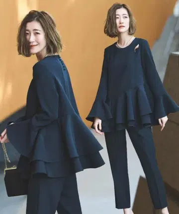 더블 플레어 페플럼 상의 & 팬츠 셋업