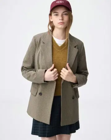 지유 더블 브레스트 체크 자켓 S 브라운 새상품급 완판템 가격 인하