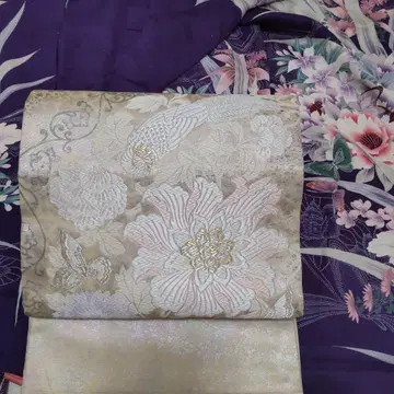 순수 실크 앵무새와 꽃나비 직조 후쿠로 오비 (886)