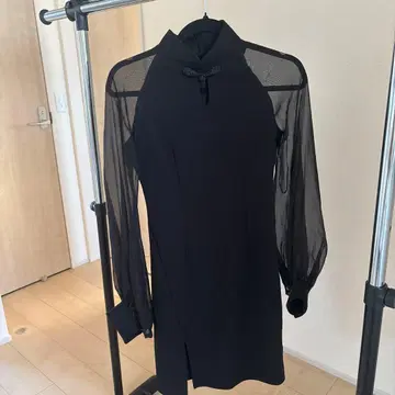 블랙 시스루 소매 하이넥 원피스