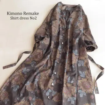 기모노 리메이크 오시마 명주 셔츠 원피스 맥시 롱 벌룬 퍼프 슬리브