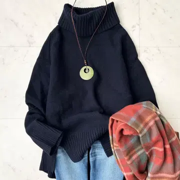 새상품급 프레임워크 AQUA 터틀 풀오버 니트 캐시미어 혼방 네이비