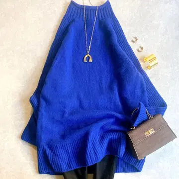 새상품급 이네드 울 패턴 체인지 니트 근년 하이넥 블루 튜닉