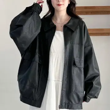 Heather 페이크 레더 BIG 블루종 가죽 블랙 빅 실루엣