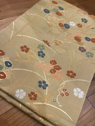 열린 마감 나고야 오비 겨자색 옅은 색 폴리에스테르 추정 새상품급 중고