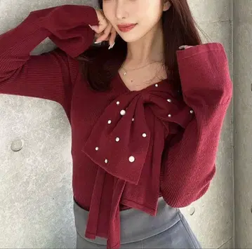 RESEXXY 빅 리본 니트탑 레드