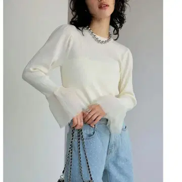 [ 새상품급 ] Re:EDIT 튤 커프스 리브 니트탑 L 화이트