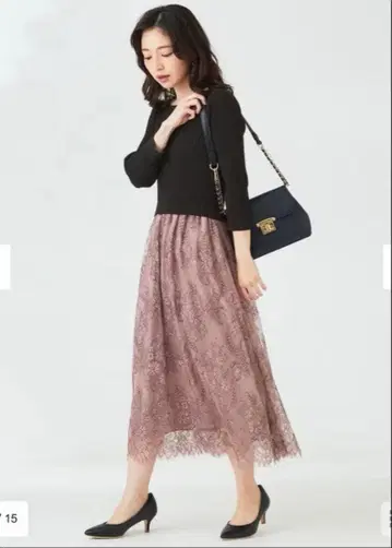 any SiS [ 세탁 가능 ] 레이스 스커트 도킹 원피스 블랙 x 핑크