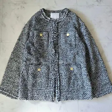 리브 드와 트위드 프린지 자켓 노카라 아우터 골드 버튼 금장 버튼