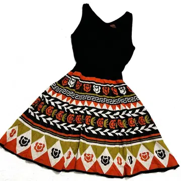 AIC 니트 원피스 꽃무늬 A라인 세련된 바이컬러 M