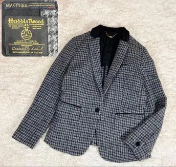 맥피 해리스 트위드 테일러드 자켓 하운드투스 체크 패턴 그레이