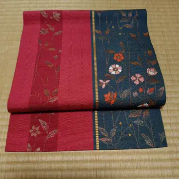 본방 치쿠젠 하카타 오리 나고야 오비 순수 실크 빨간색과 그린 꽃무늬