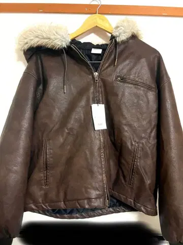 wishforever 인조 가죽 후드 부착 블루종