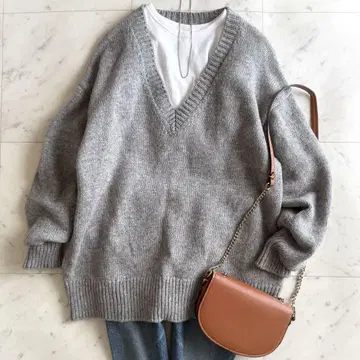 새상품급 스앤스팬 로우 게이지 V넥 풀오버 울 니트 그레이