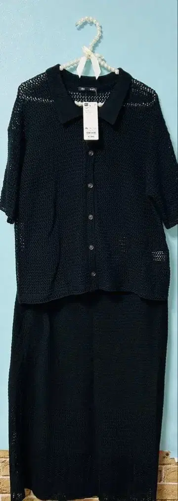 GU 셋업 오크 니트 셔츠 스커트 세트 블랙 XL 택 포함