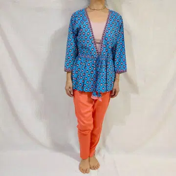 핸드 블록 프린트 겉옷과 팬츠 세트