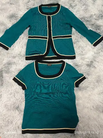 MELROSE 앙상블 에메랄드 그린 긴팔 가디건 반팔 니트