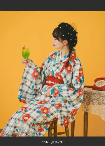 체크 무늬 꽃무늬 유카타 오비 세트 F 사이즈