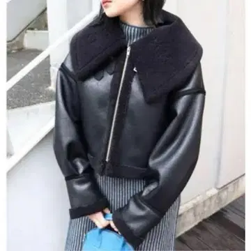 MURUA 오버 컬러 숏 페이크 무스탕 보아 블루종 가죽 자켓 블랙