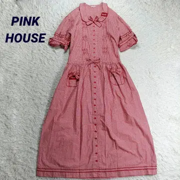 새상품급 핑크하우스 깅엄 체크 원피스 턱 피코프릴 둥근 카라