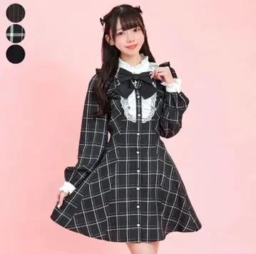 시크릿 허니 액세서리 리본 프릴 원피스 체크 블랙