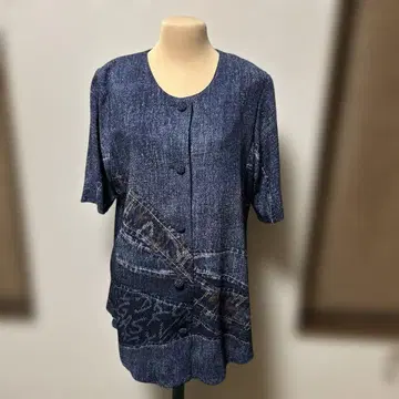 히토시 타무라 다크 블루 반팔 데님풍 셔츠