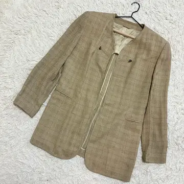 노카라 자켓 체크 무늬 페이크 포켓 박스 실루엣 베이지