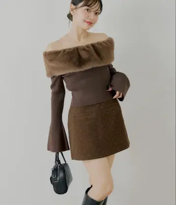 Chico 큐빅 타이트 미니 스커트 브라운