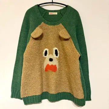 Ne-net 동물 얼굴 니트 스웨터 긴팔 그린/베이지