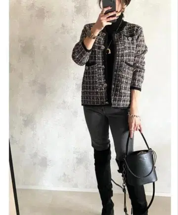 트위드 노카라 자켓 블랙 믹스