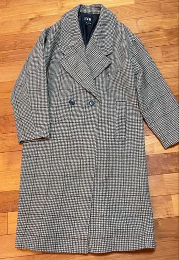 [ ZARA ] 울 혼방 롱 체크 코트 브라운 S