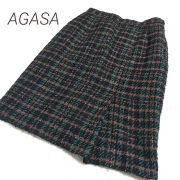 AGASA 레나운 체크 무늬 울 실크 혼방 루즈핏 스커트