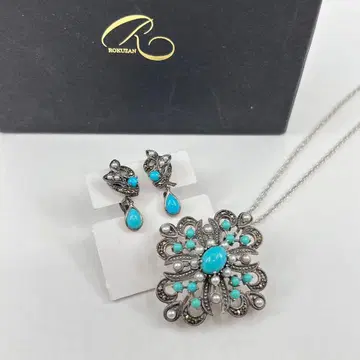 [ 록잔 Routan ] 터키석 시드 펄 마카사이트 브로치 겸 목걸이