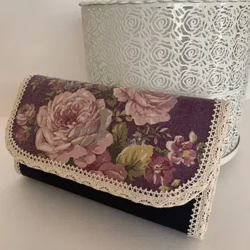 핸드메이드 장지갑 더블 지퍼 빈티지 퍼플 로즈 패턴