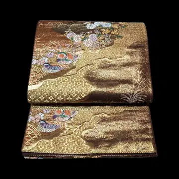 골드 컬러 꽃무늬 실크 후쿠로 오비 기모노 오비 일본 의류 예복 육통