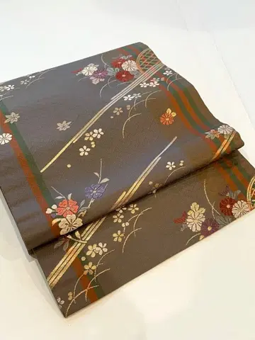 브라운 금실 사계절 꽃 문양 육통 순수 실크 나고야 오비