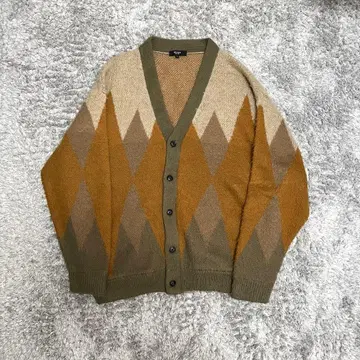 BEAMS 모헤어 혼방 다이아몬드 패턴 가디건 브라운 오렌지 L